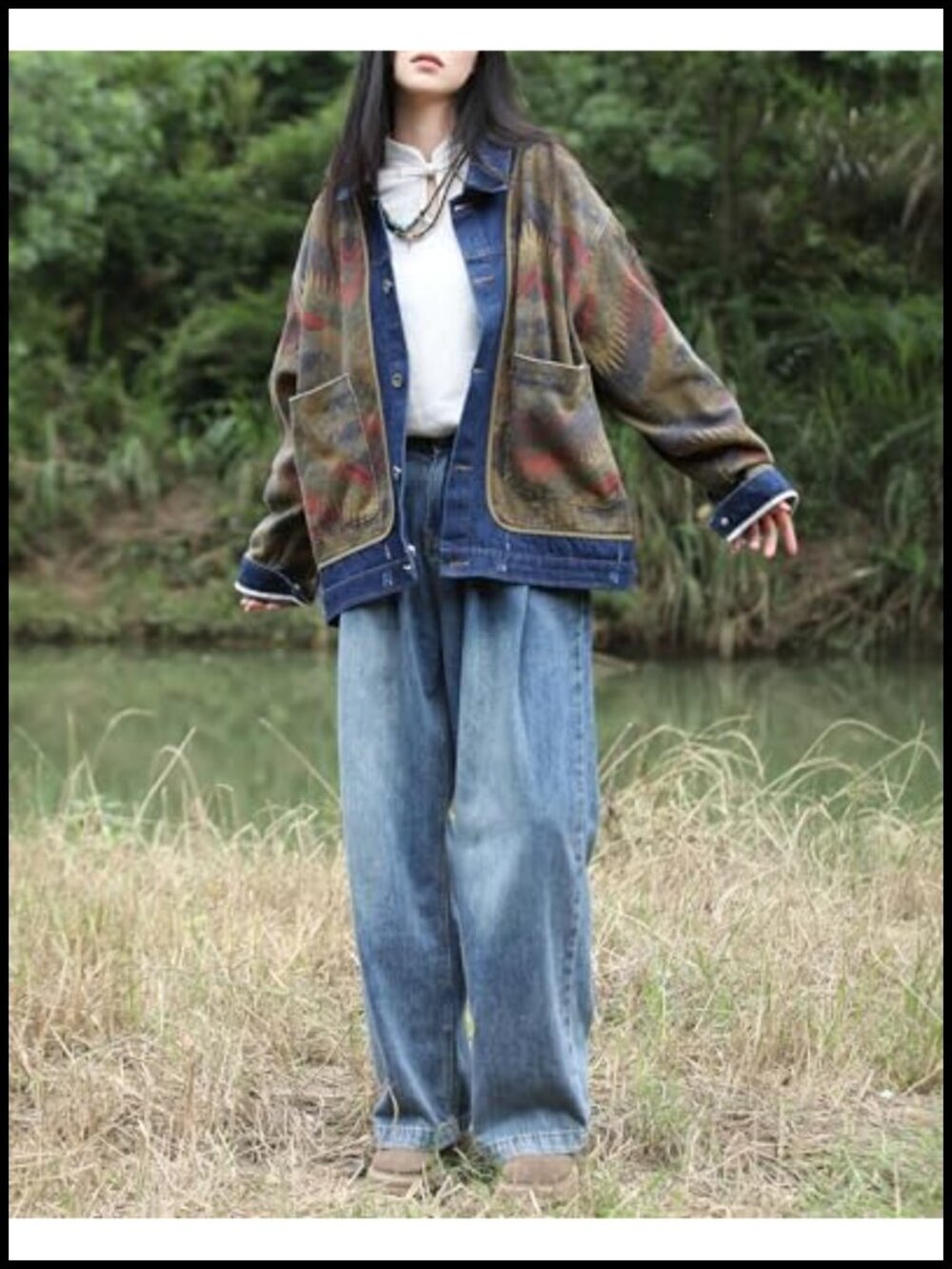 Vintage Aztec Print Denim Jacket Loose Fit Long Sleeve Button Down Coat - Picture 4 of 6